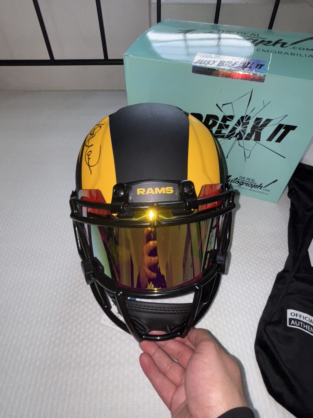Autographed Kurt Warner Rams Helmet - Just Break It