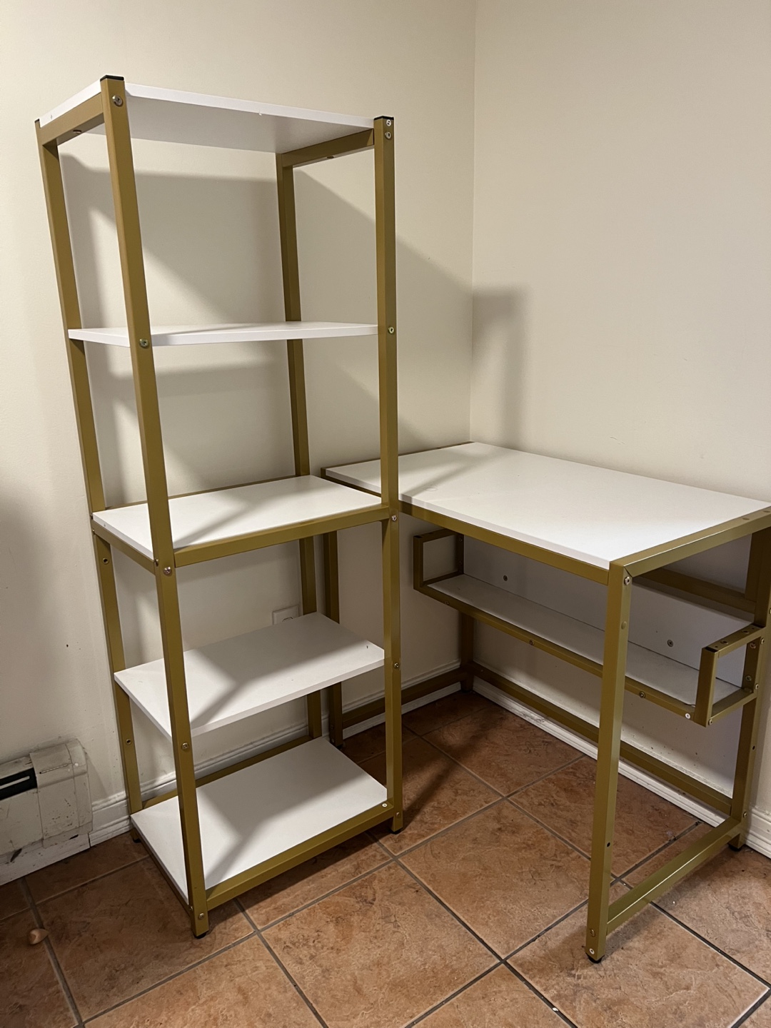 Gold and White Computer Desk with Bookshelf