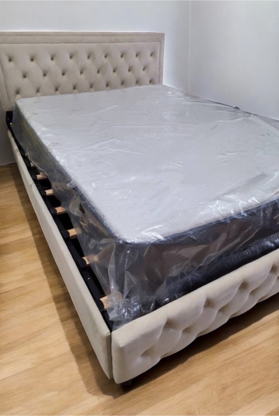 New Beige Queen Size Bed with Storage and LED Lights with Remote