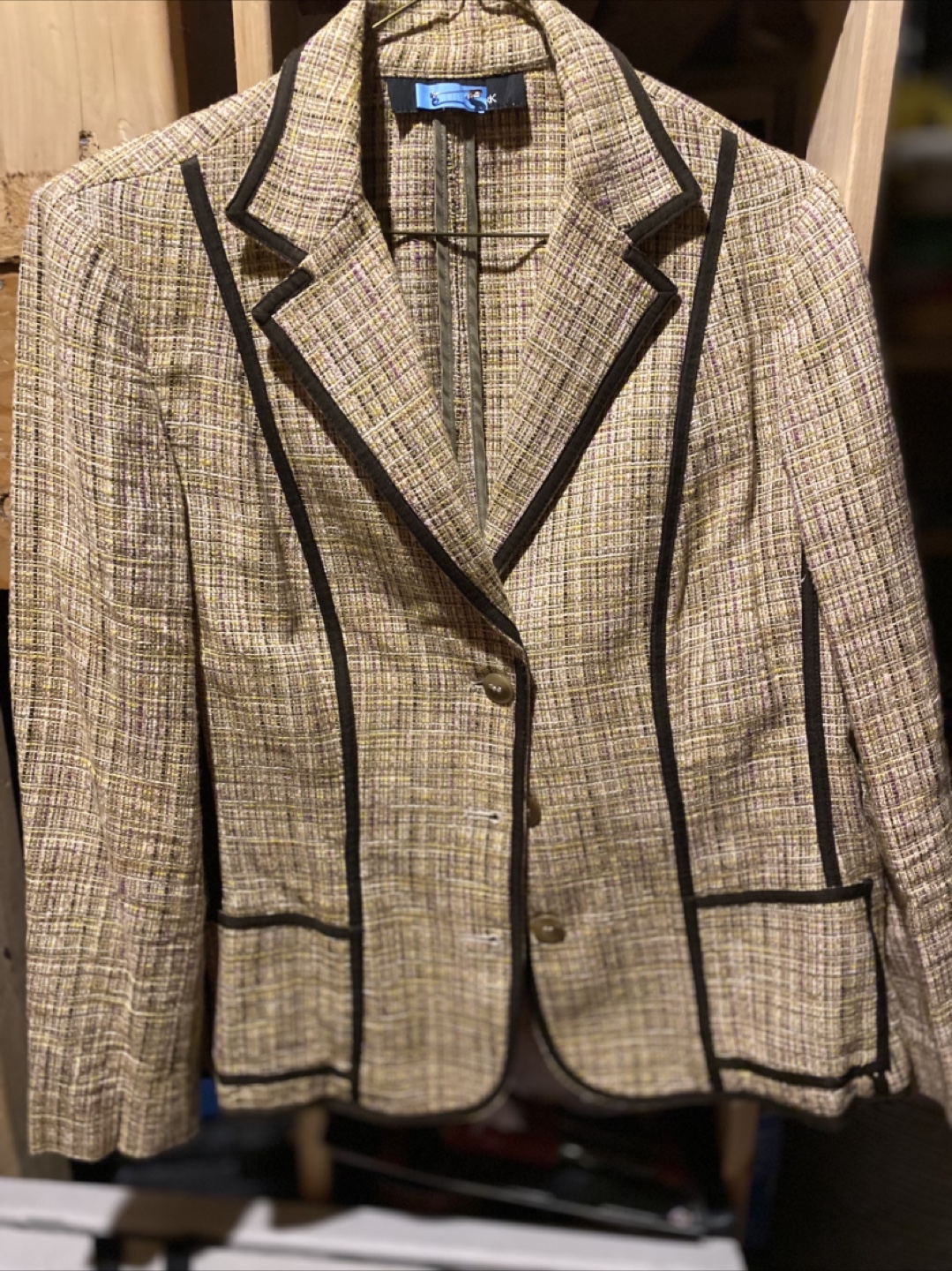 Women's Beige Tweed Blazer with Black Piping