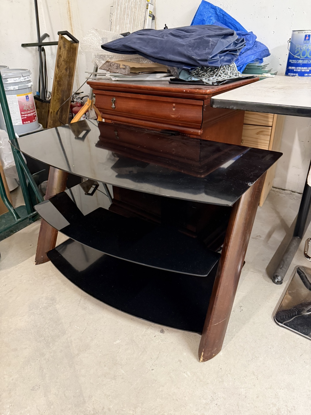 Black Glass TV Stand with Wood Accents