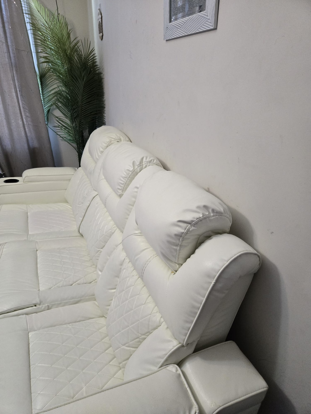 White Leather Reclining Sofa with Center Console - photo 2