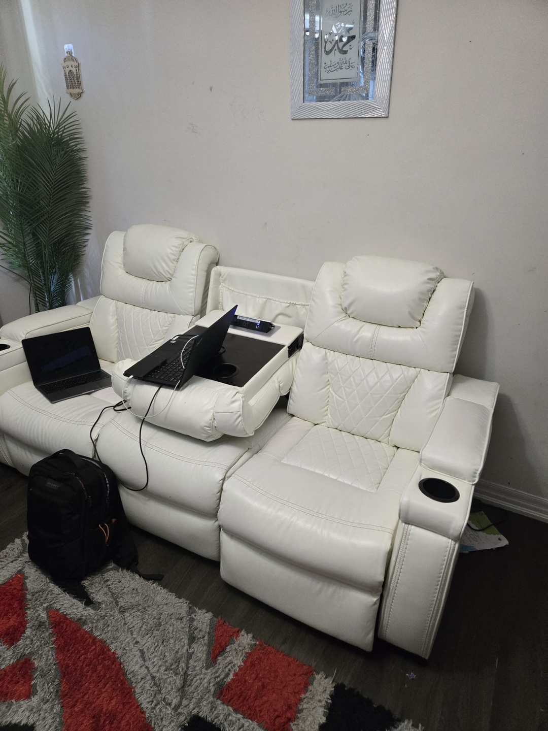 White Leather Reclining Sofa with Center Console - photo 3