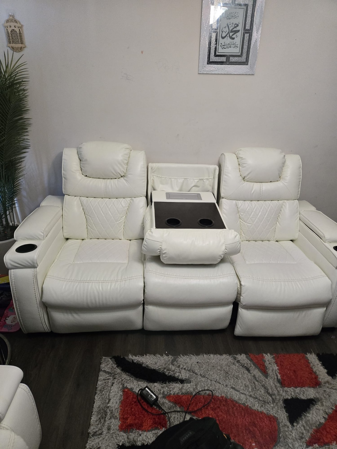 White Leather Reclining Sofa with Center Console - photo 4