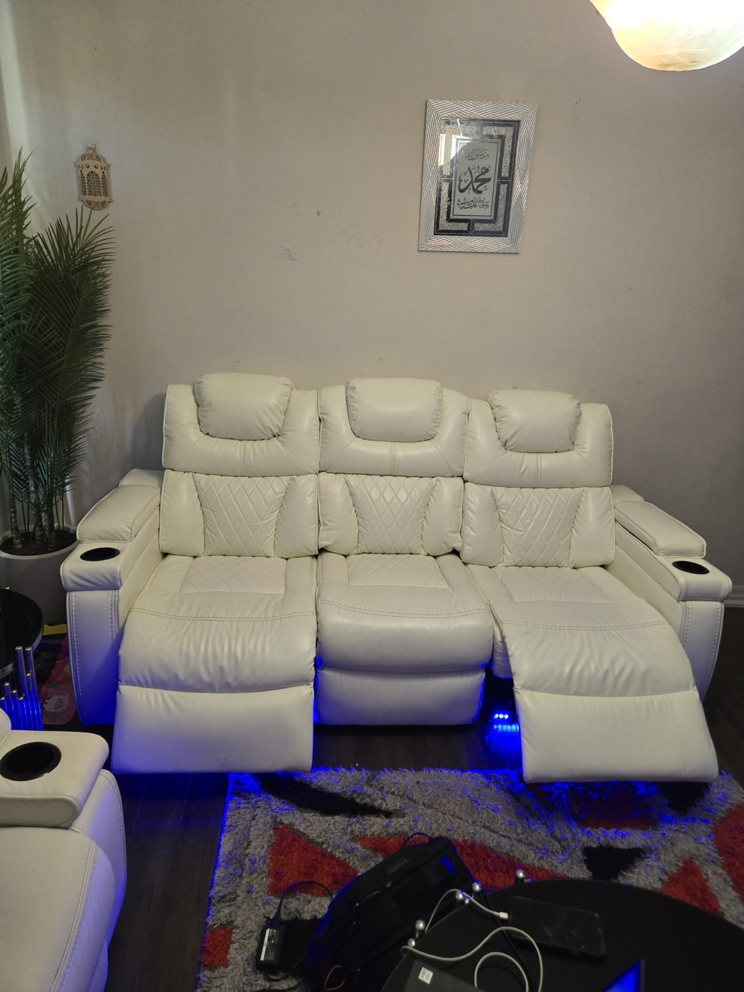 White Leather Reclining Sofa with Center Console - photo 5