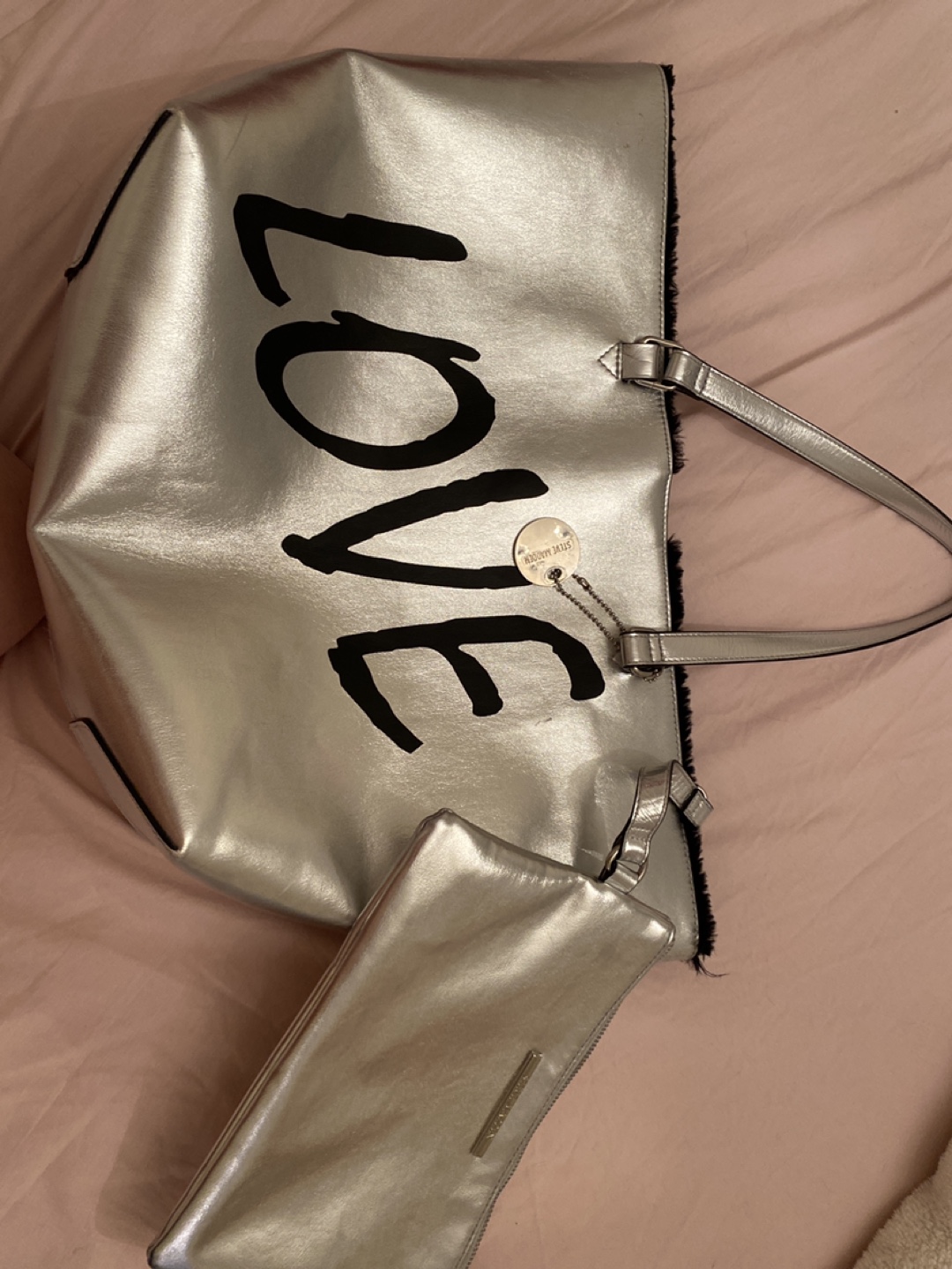Silver tote bag with matching pouch