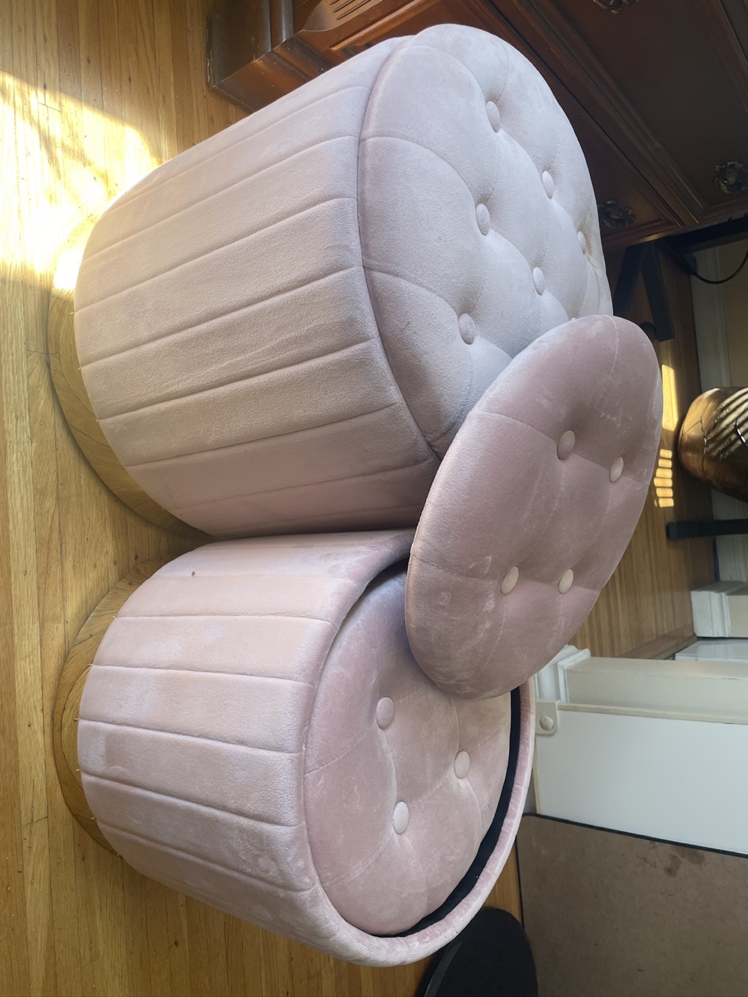 3 Pink Velvet Storage Ottomans-Gold Base