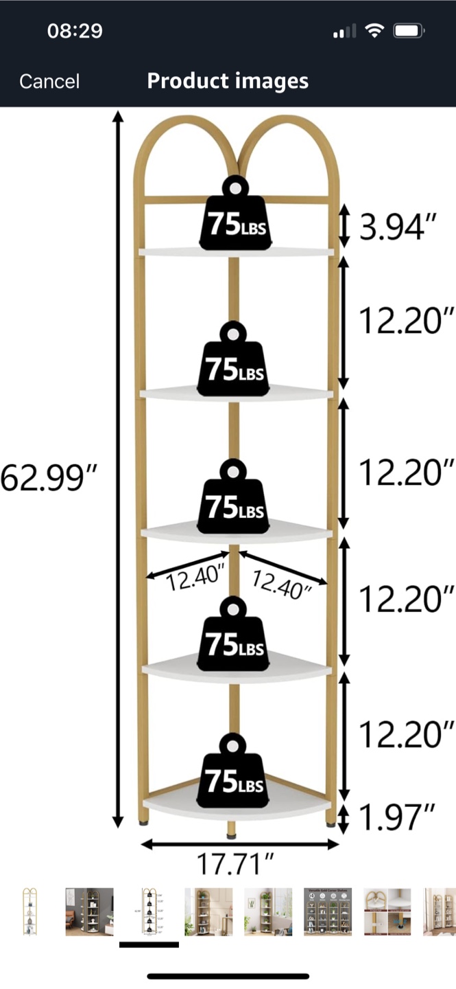 Corner Shelf, 5-Tier Storage Rack White & Gold - photo 4
