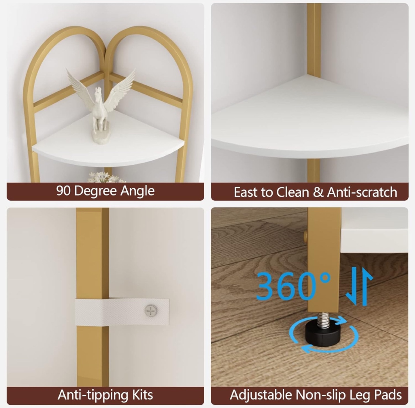 Corner Shelf, 5-Tier Storage Rack White & Gold - photo 3