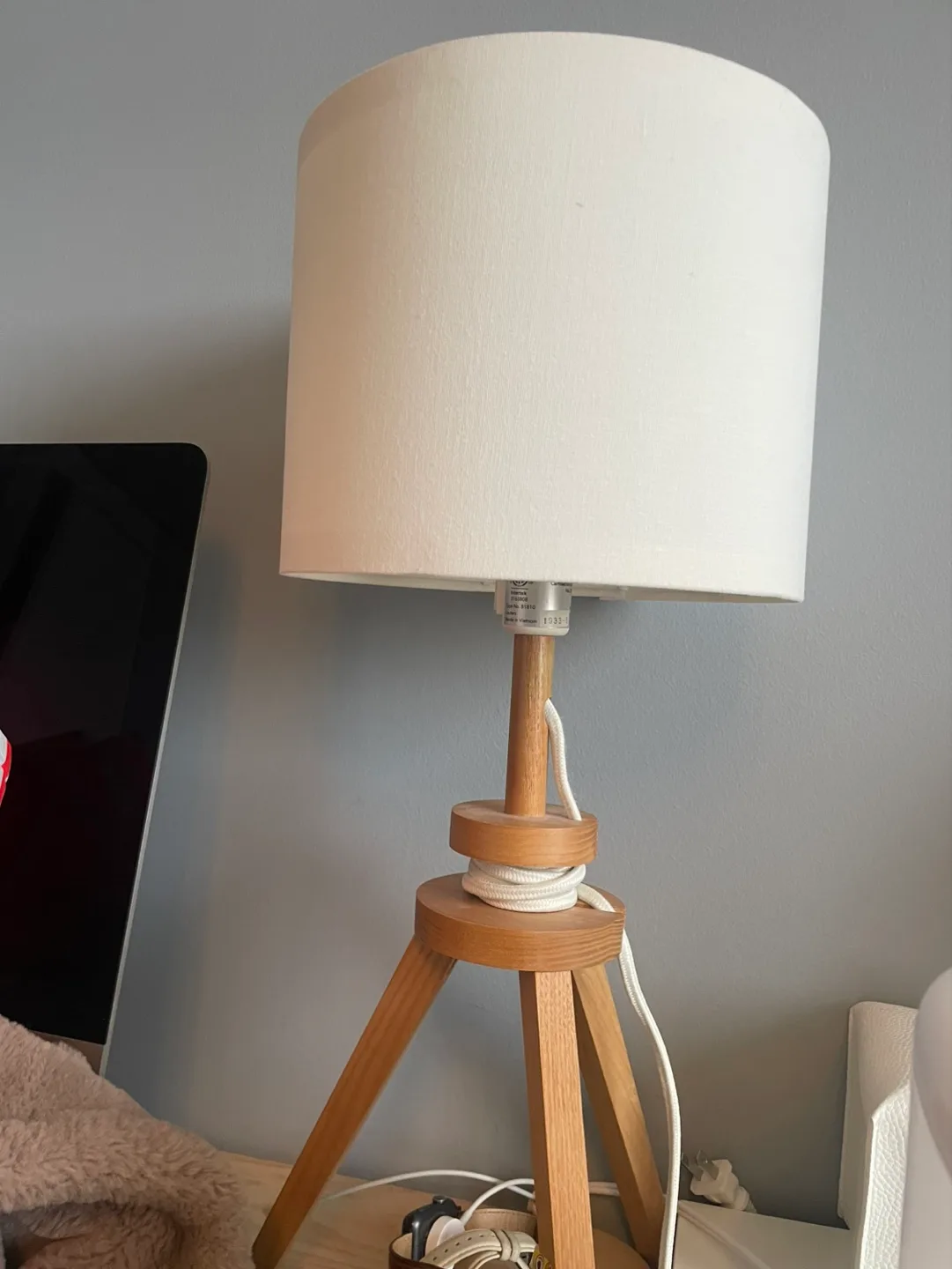 Wooden Tripod Table Lamp with White Shade thumbnail