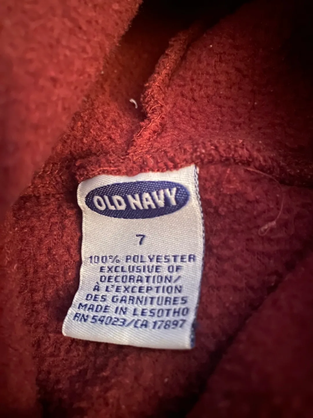 Old Navy Maroon Fleece Hoodie Size 7 image indicator(2)