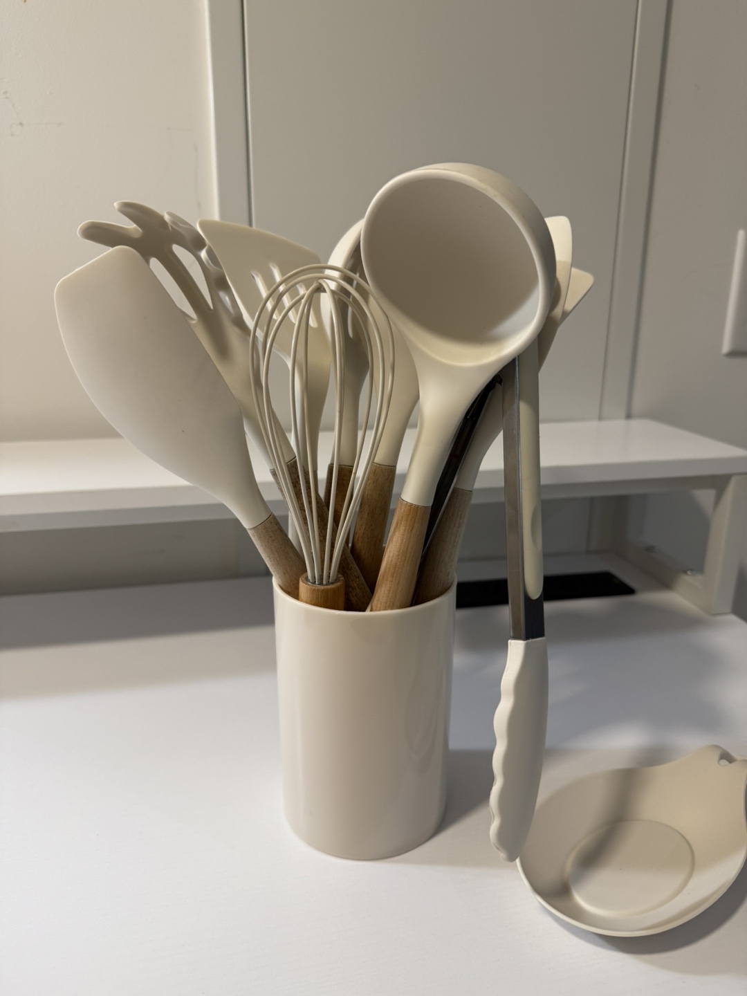 White Silicone Kitchen Utensil Set with Wooden Handles
