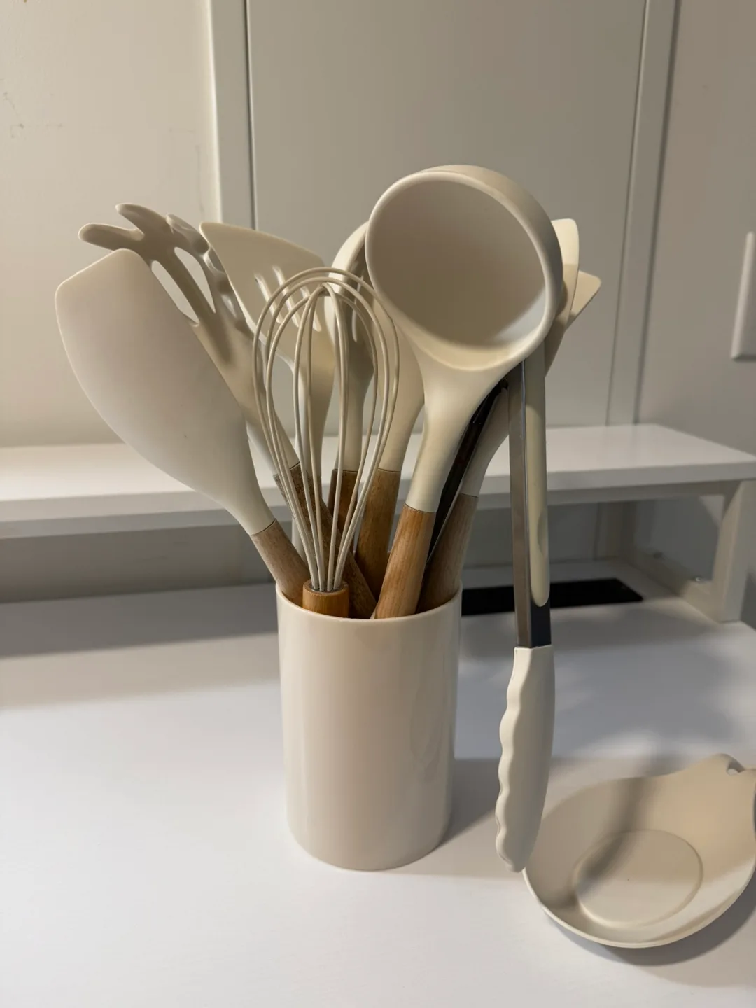 White Silicone Kitchen Utensil Set with Wooden Handles thumbnail