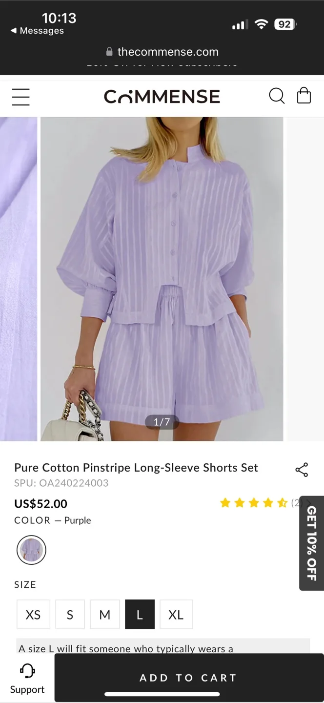 Lavender Pure Cotton Pinstripe Short Set thumbnail