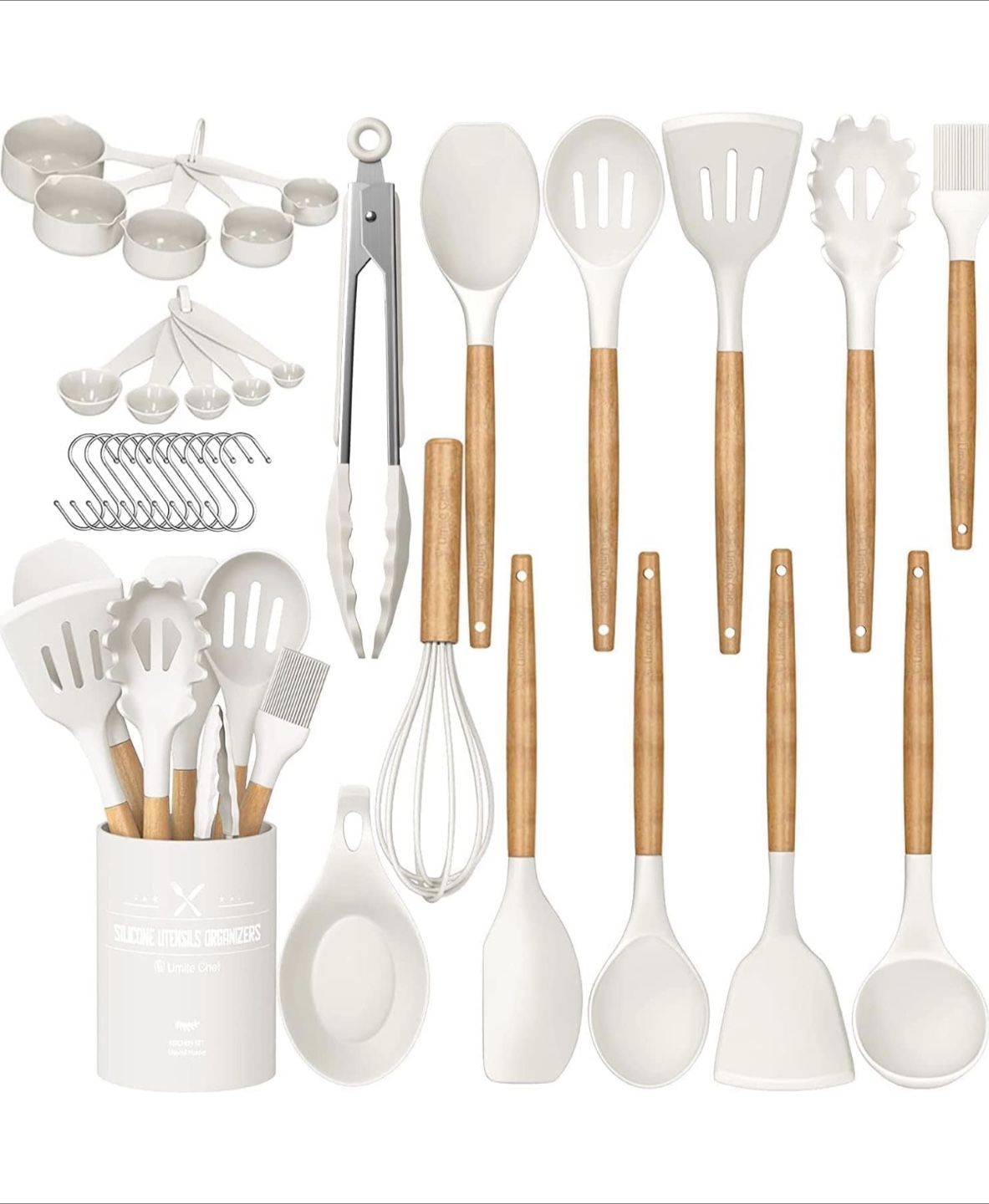 White Silicone Kitchen Utensil Set with Wooden Handles - photo 4