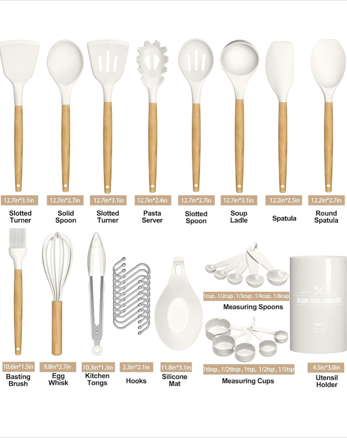White Silicone Kitchen Utensil Set with Wooden Handles - photo 3
