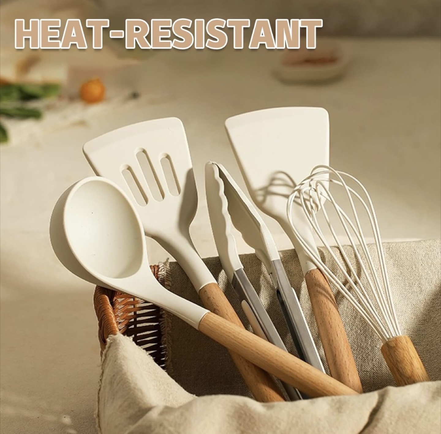 White Silicone Kitchen Utensil Set with Wooden Handles - photo 5