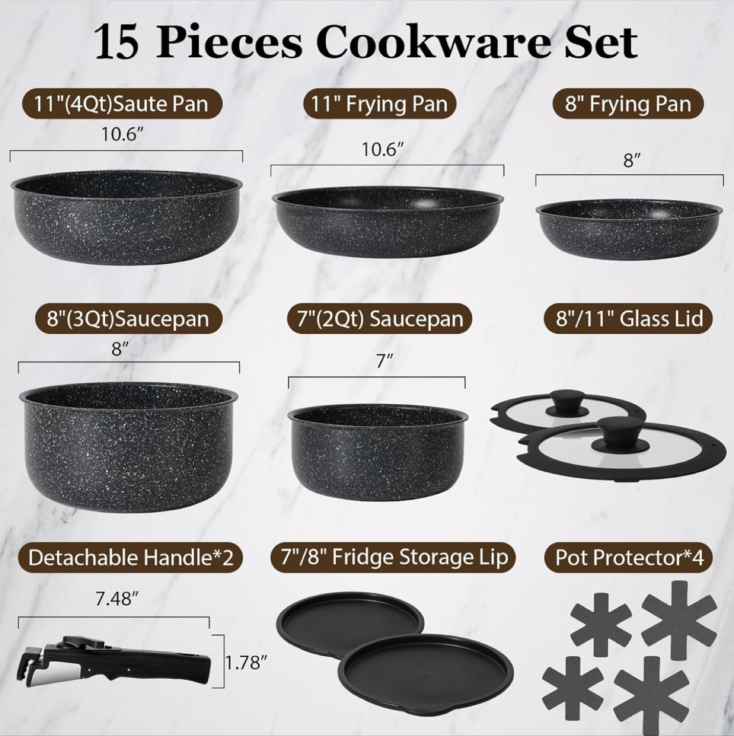 15-Piece Granite Cookware Set with Detachable Handles - photo 2