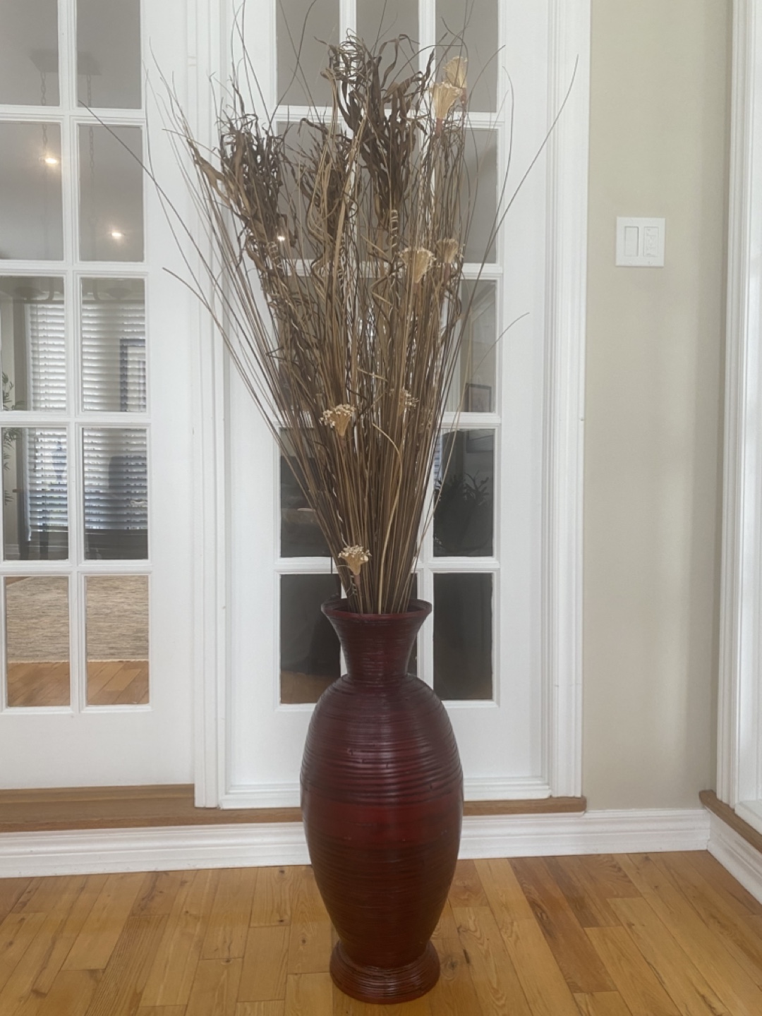 Large Red Floor Vase with Dried Floral Arrangement