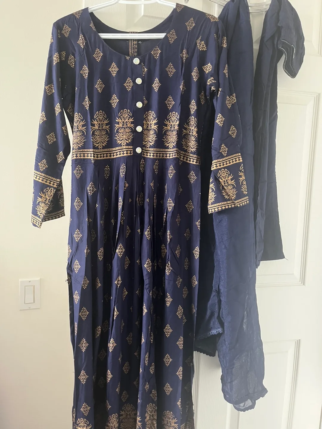 Navy Blue and Gold Printed anarkali suit with Dupatta thumbnail