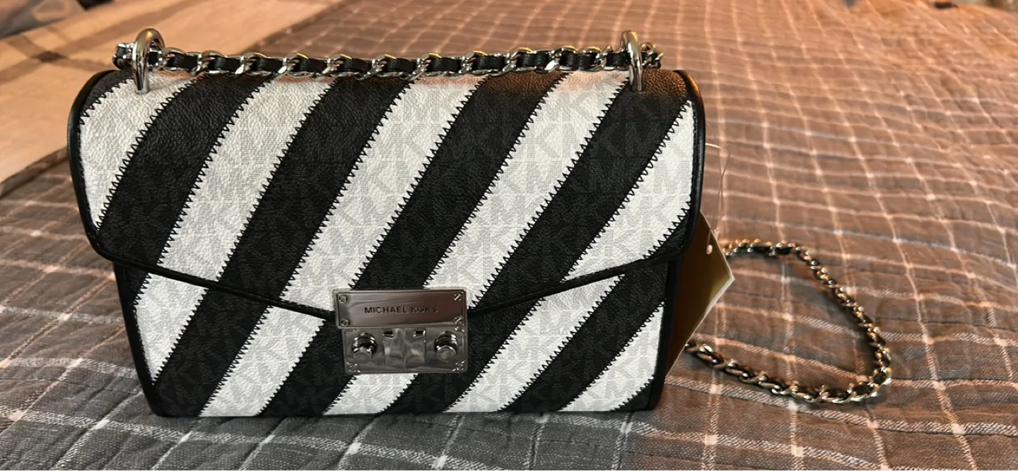 Michael Kors Black and White Striped Shoulder Bag thumbnail