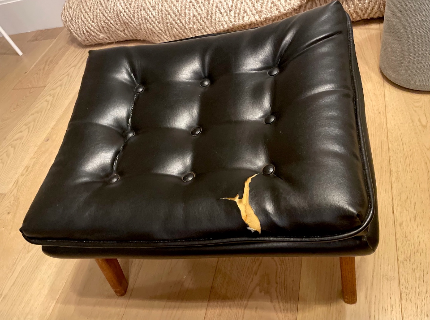 Vintage Black Leather Foot Stool