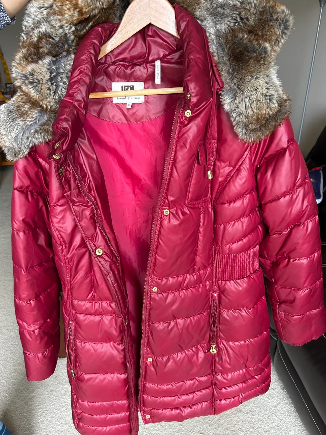 Laundry by Design Red Puffer Jacket with Faux Fur Hood image indicator(2)