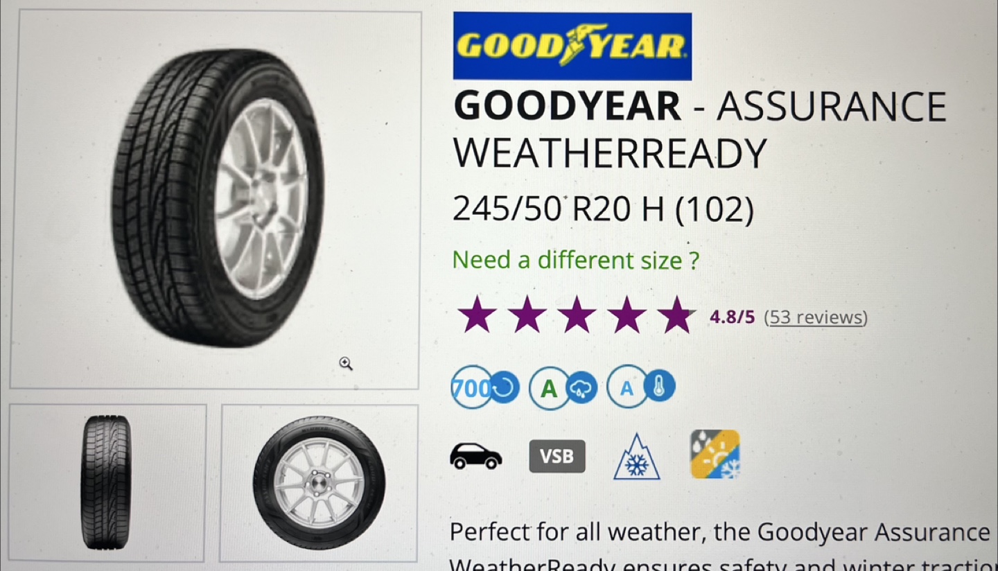 Four Goodyear Assurance WeatherReady Tires - 245/50 R20 - photo 2