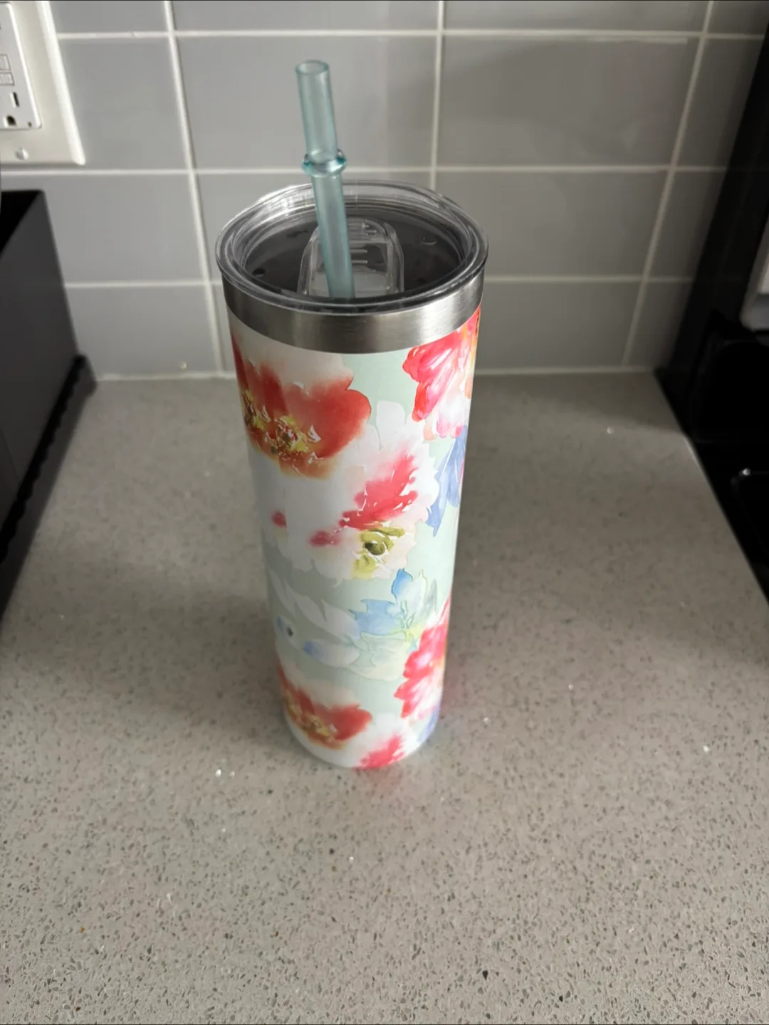Floral Print Stainless Steel Tumbler with Lid and Straw thumbnail