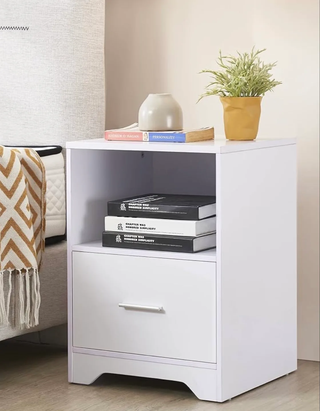White Nightstand with Drawer and Open Shelf thumbnail