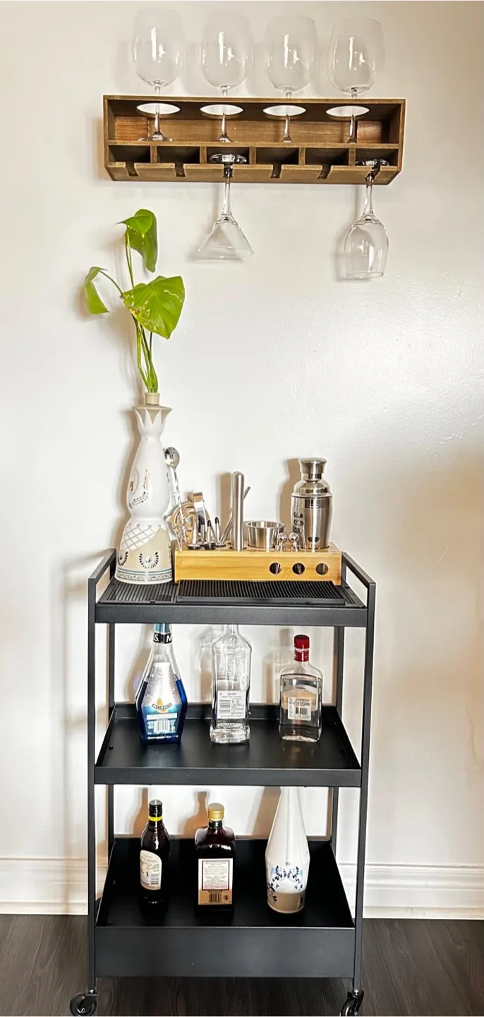 Three-Tier Black Rolling Bar Cart with Bamboo Cocktail Organizer thumbnail