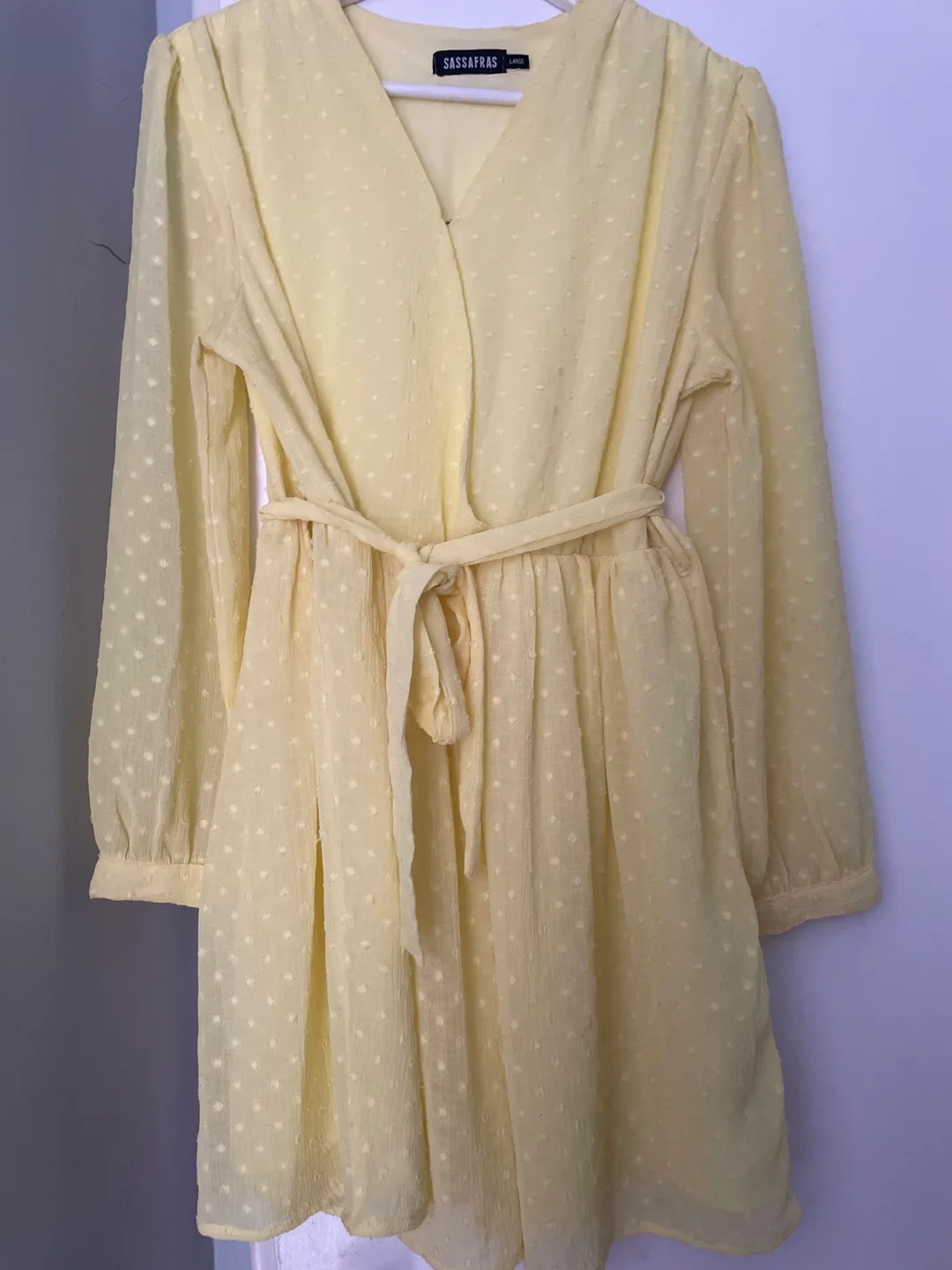 Yellow Swiss Dot Mini Dress with Belt image indicator(3)