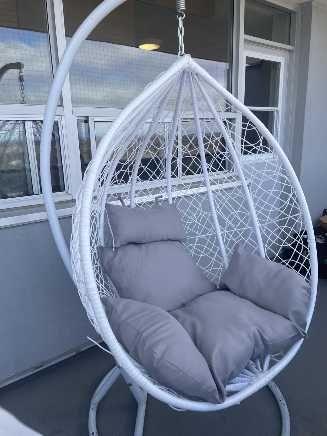 White Wicker Hanging Egg Chair with Grey Cushions - photo 3