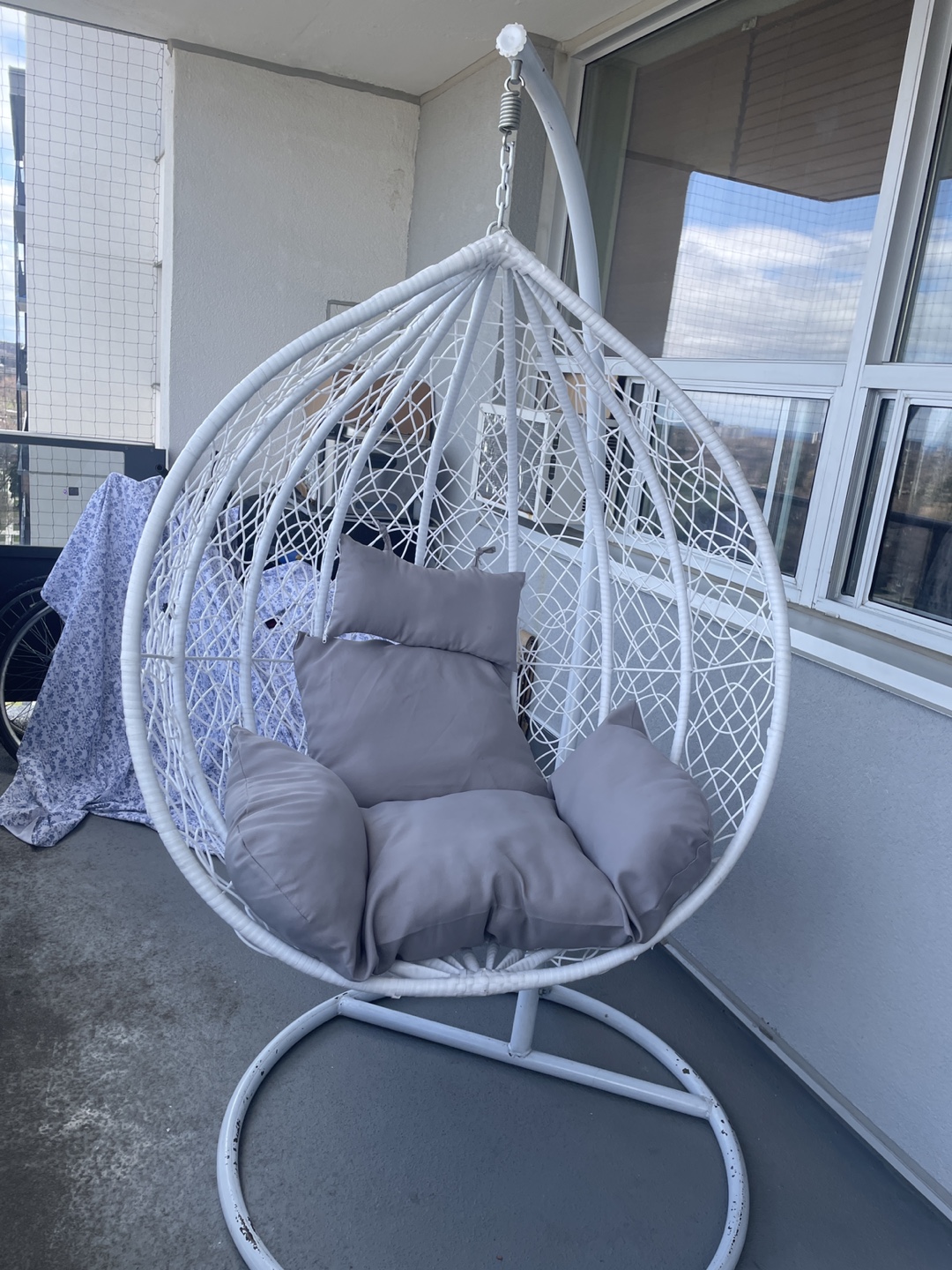 White Wicker Hanging Egg Chair with Grey Cushions