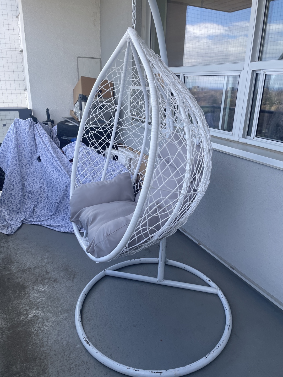 White Wicker Hanging Egg Chair with Grey Cushions - photo 2