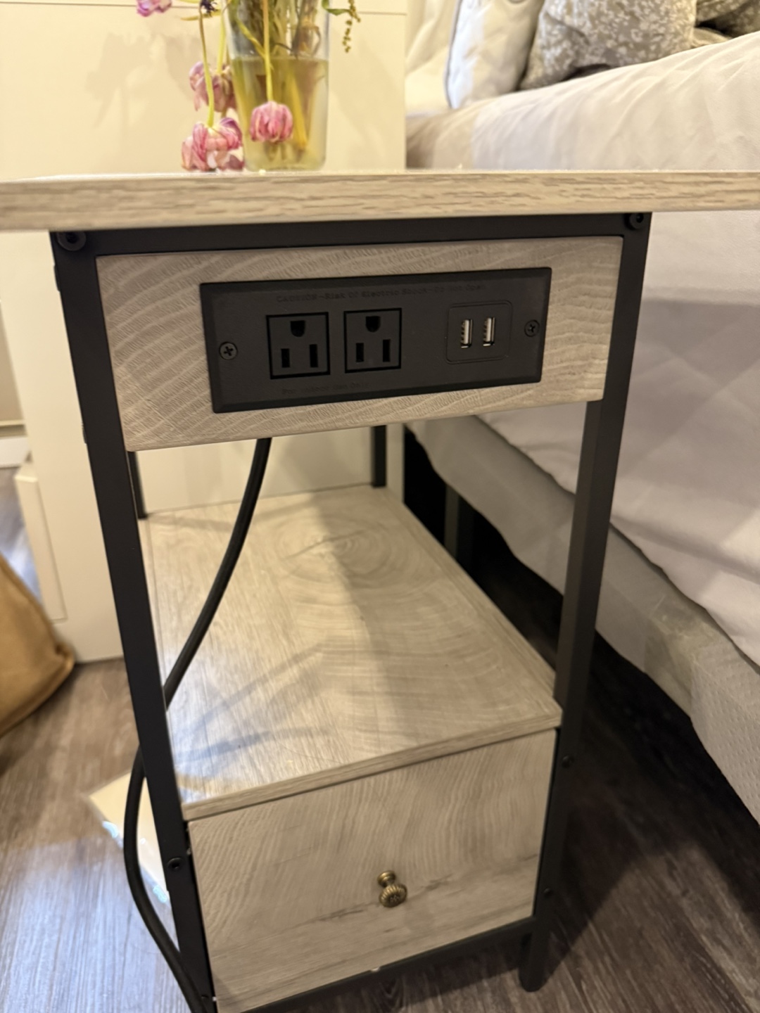 Nightstand with built-in outlets and drawer