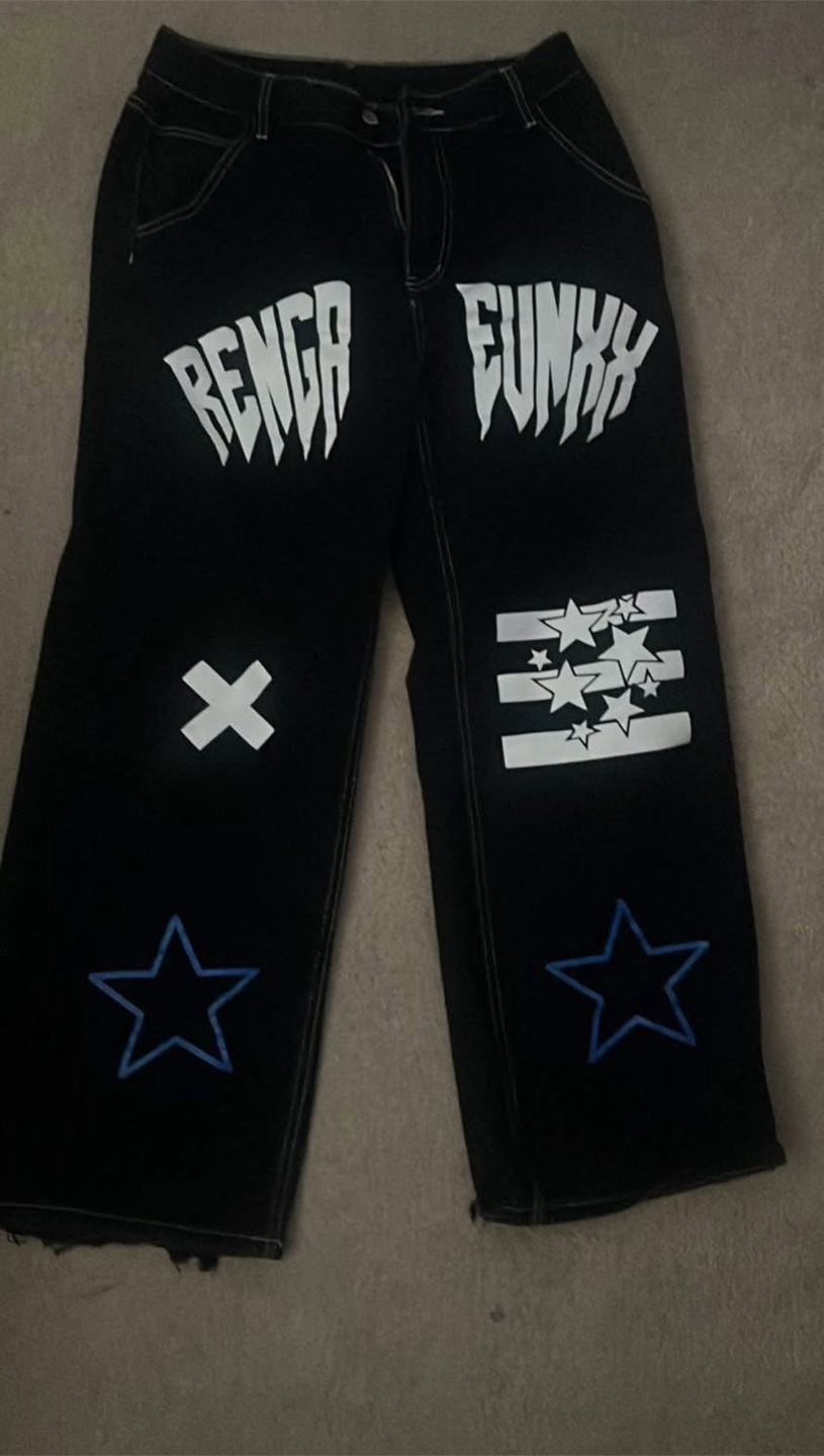 Custom Designed Black Denim Jeans with Graphic Print