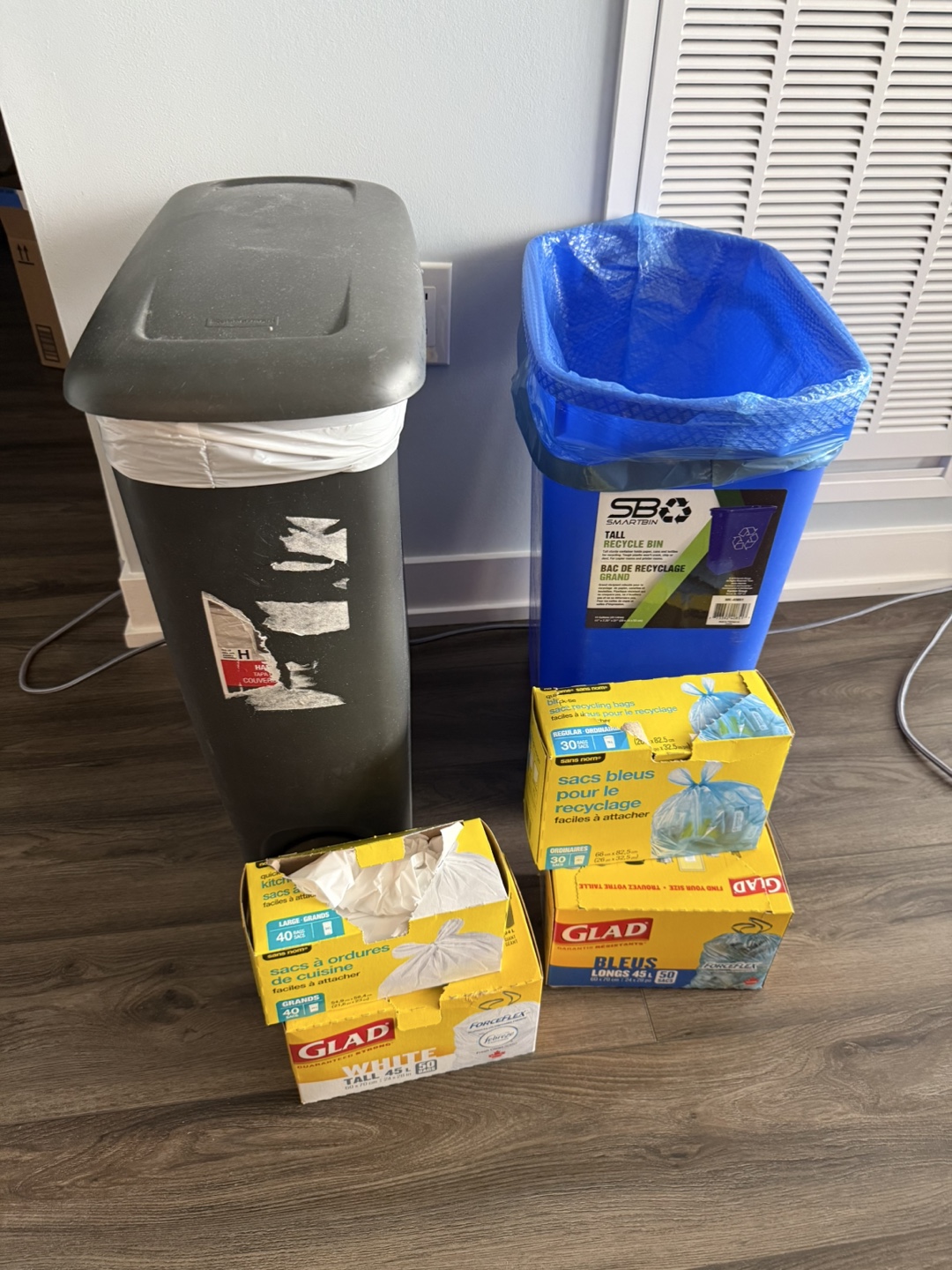 Garbage and recycling bins with bags