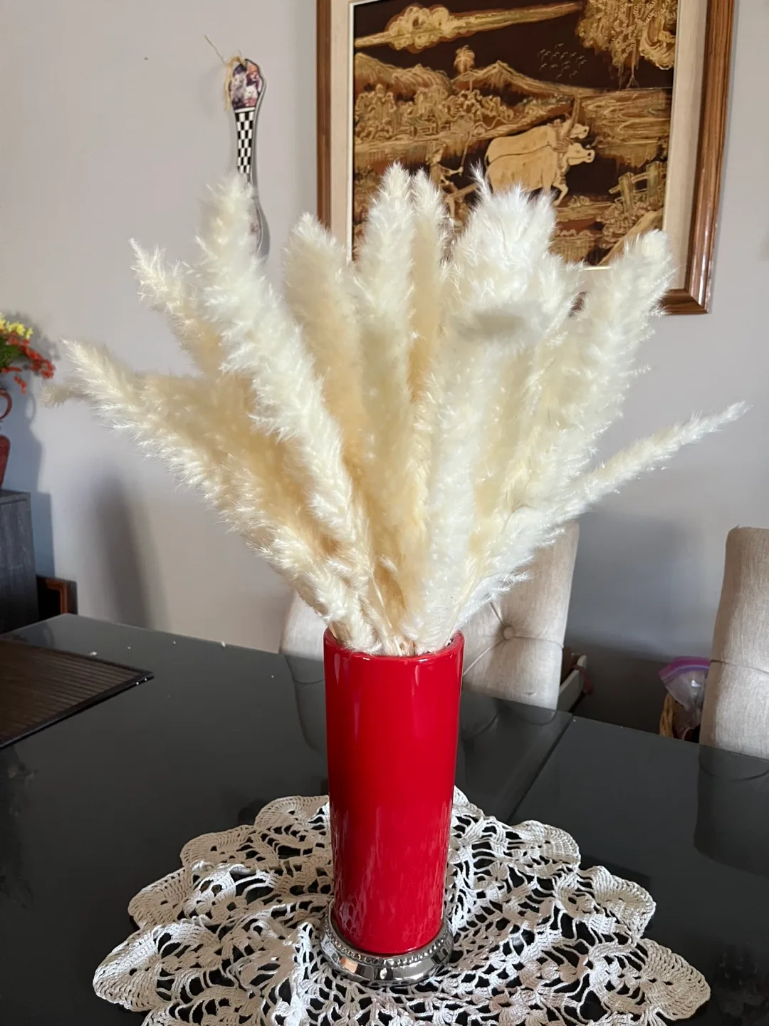 Dried Pampas Grass in Red Vase thumbnail