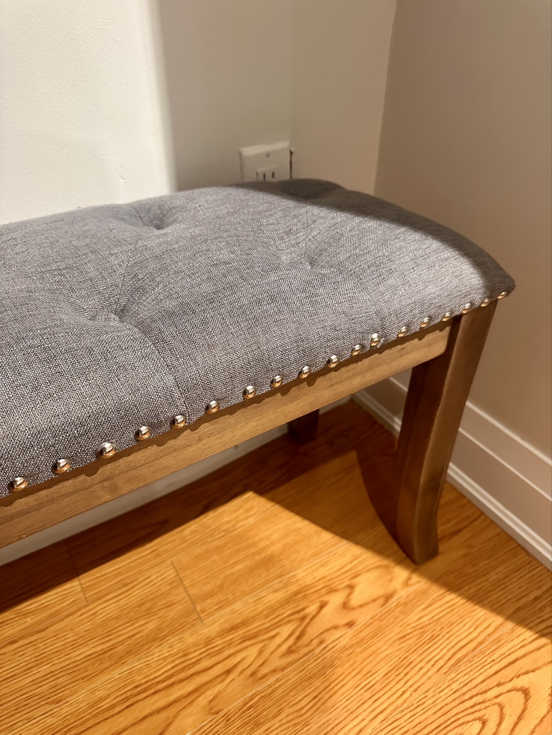 Grey Upholstered Bench with Wooden Legs - photo 2