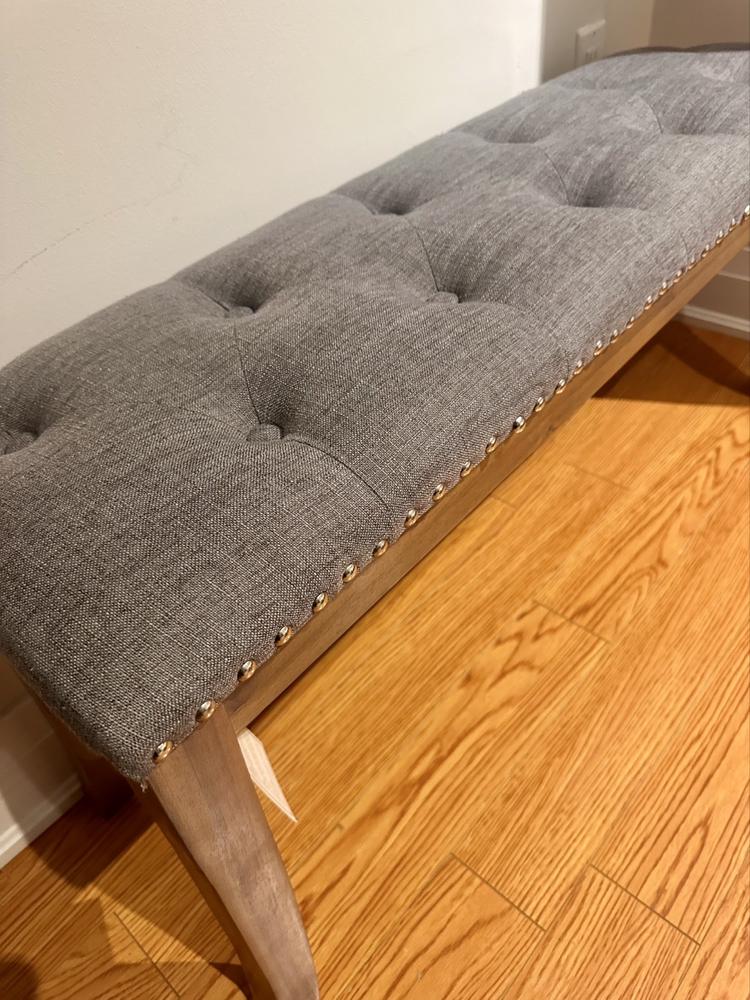 Grey Upholstered Bench with Wooden Legs