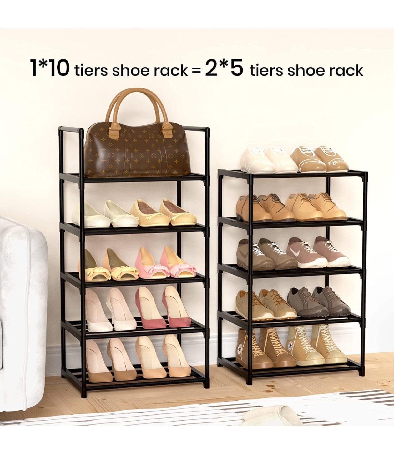 Two 5-Tier or One 10-Tier Black Metal Shoe Racks - photo 2