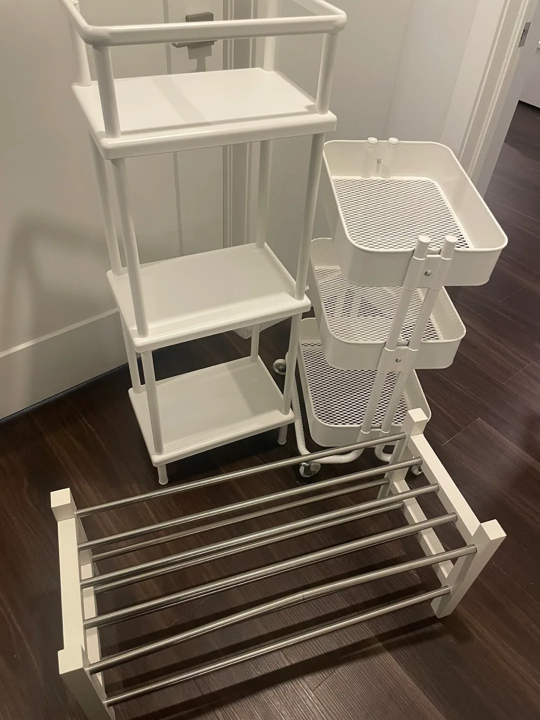 White 3-Tier Shelving Unit, Rolling Cart & Shoe Rack thumbnail