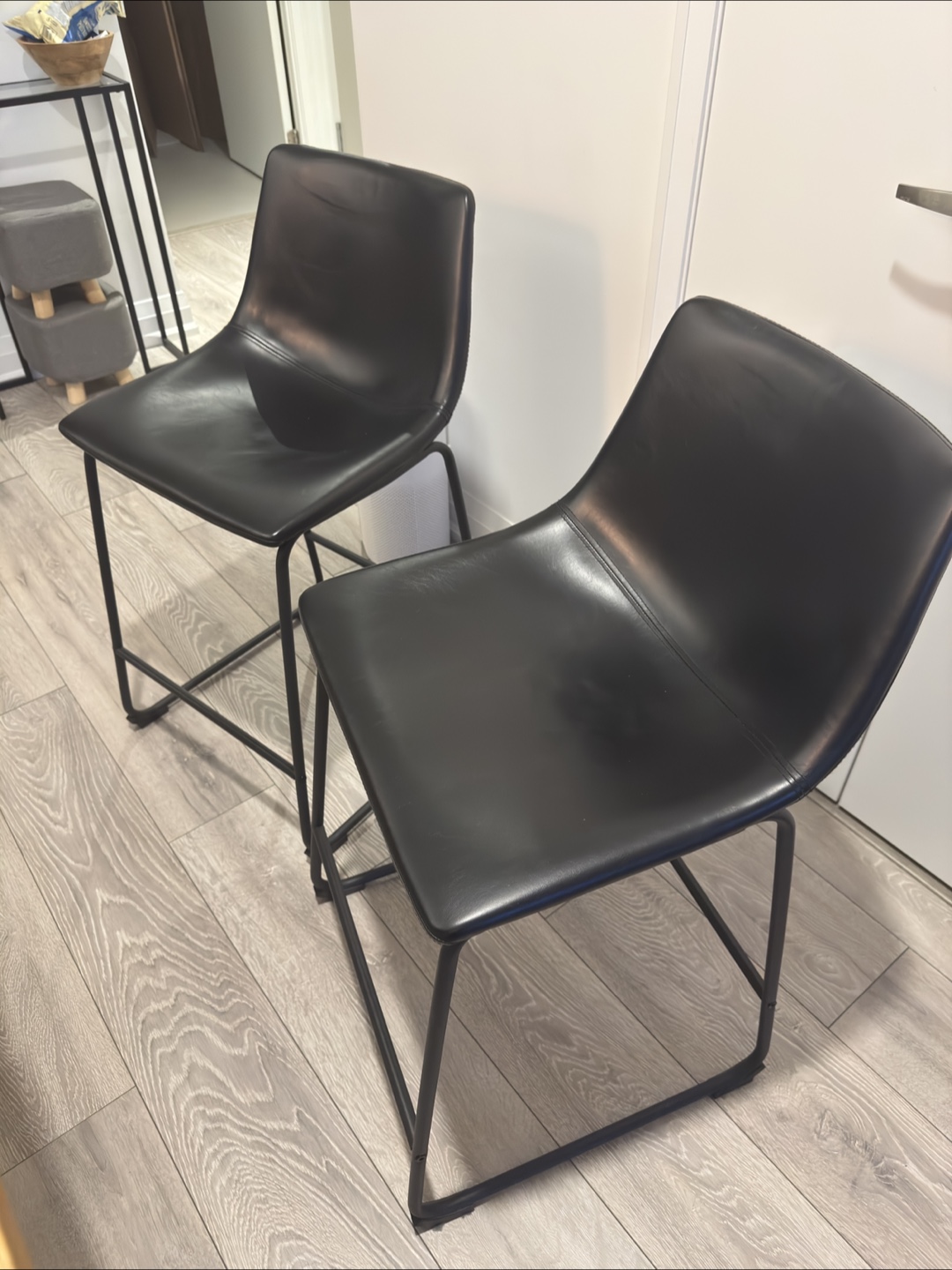 Set of 2 Black Leather Bar Stools with Metal Frame