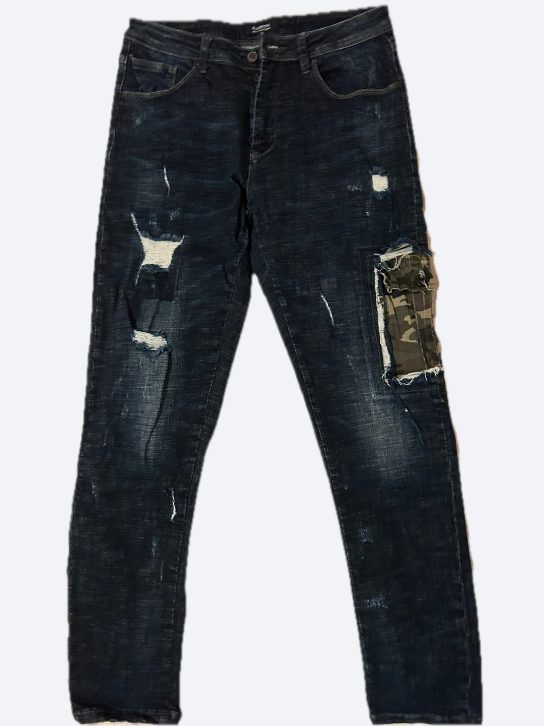 Men's Distressed Denim Jeans with Camo Patch