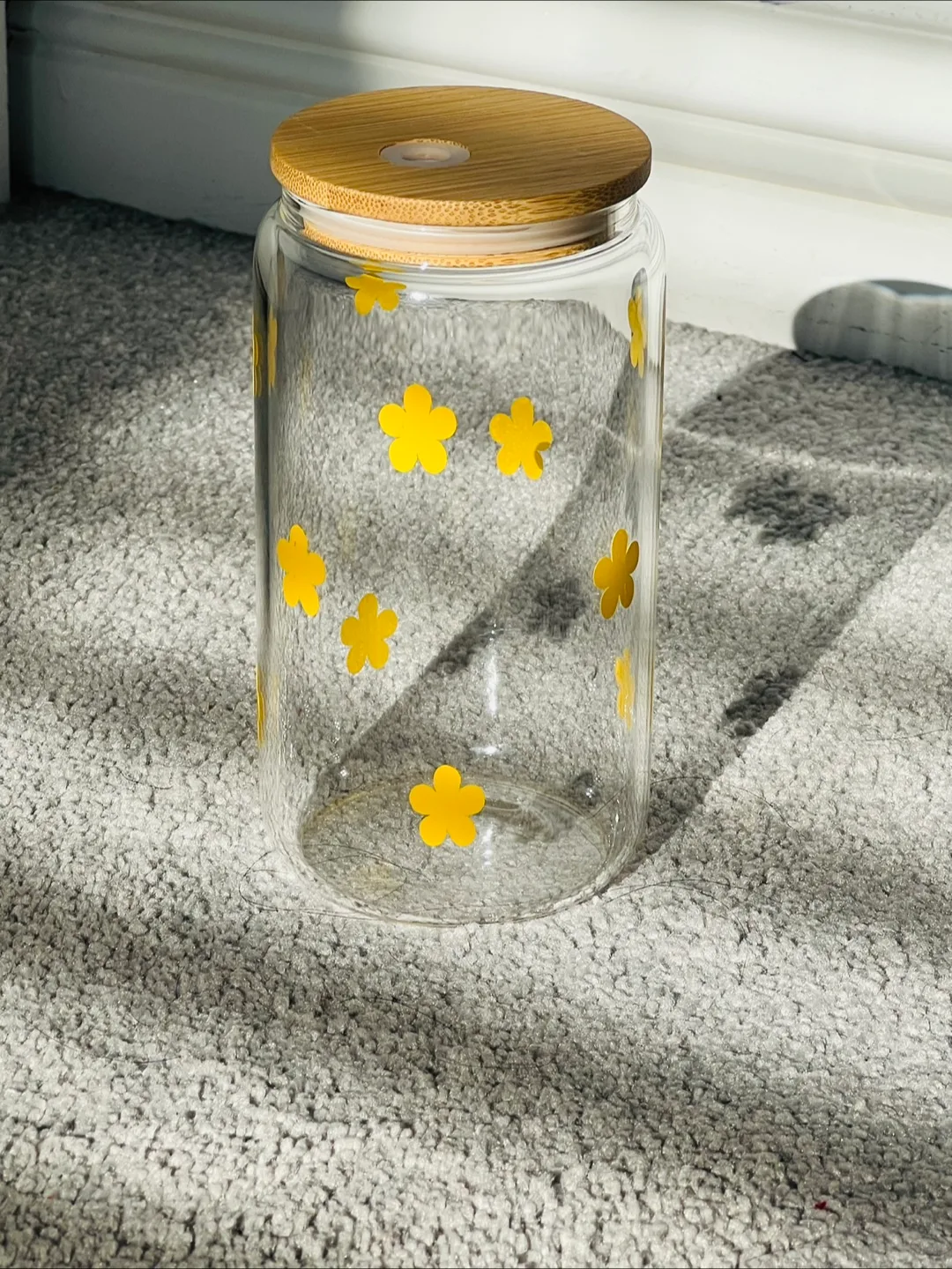 Glass Cup with Bamboo Lid - Yellow Flower Design thumbnail