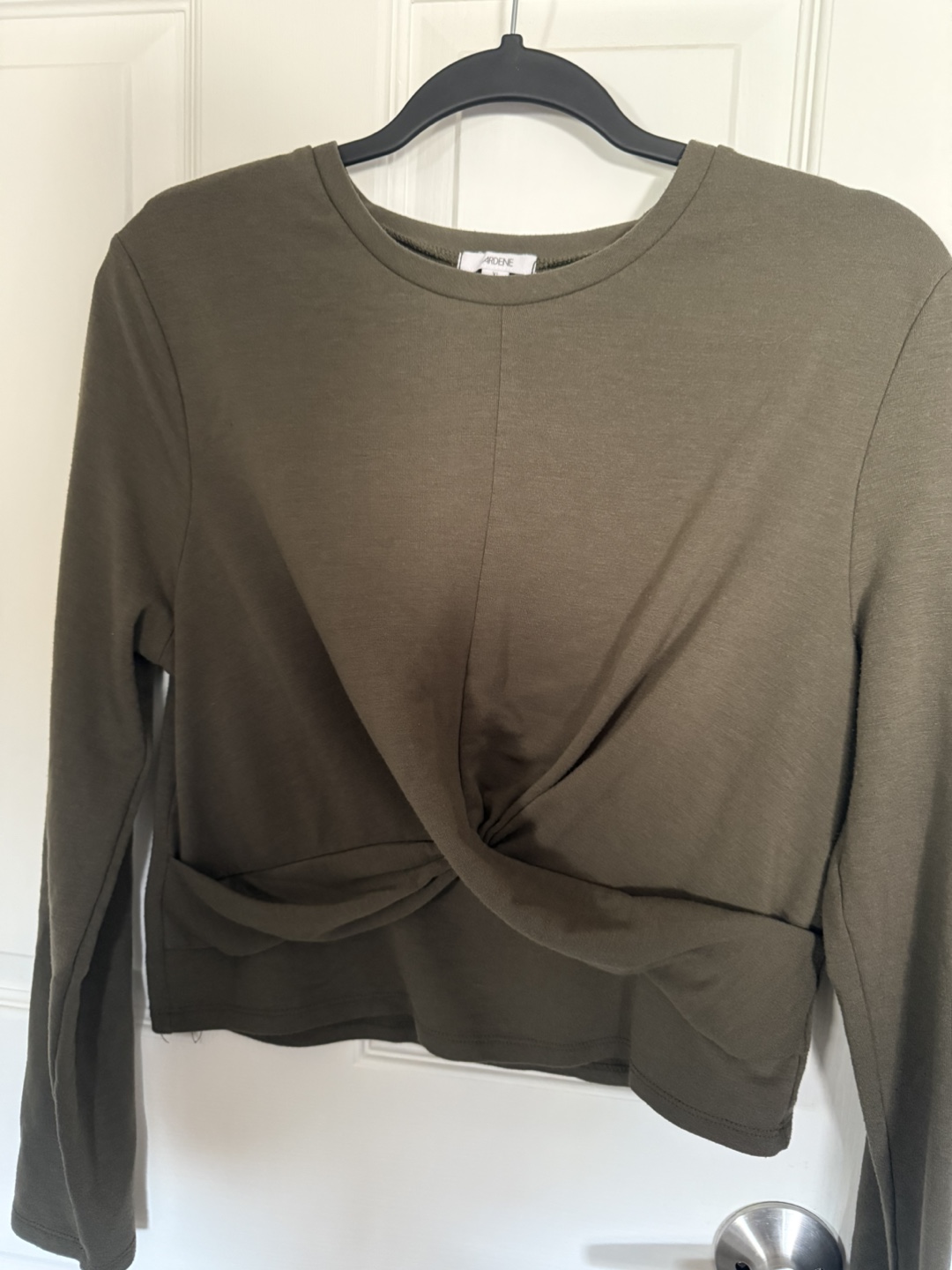 Olive green twist front long sleeve crop top