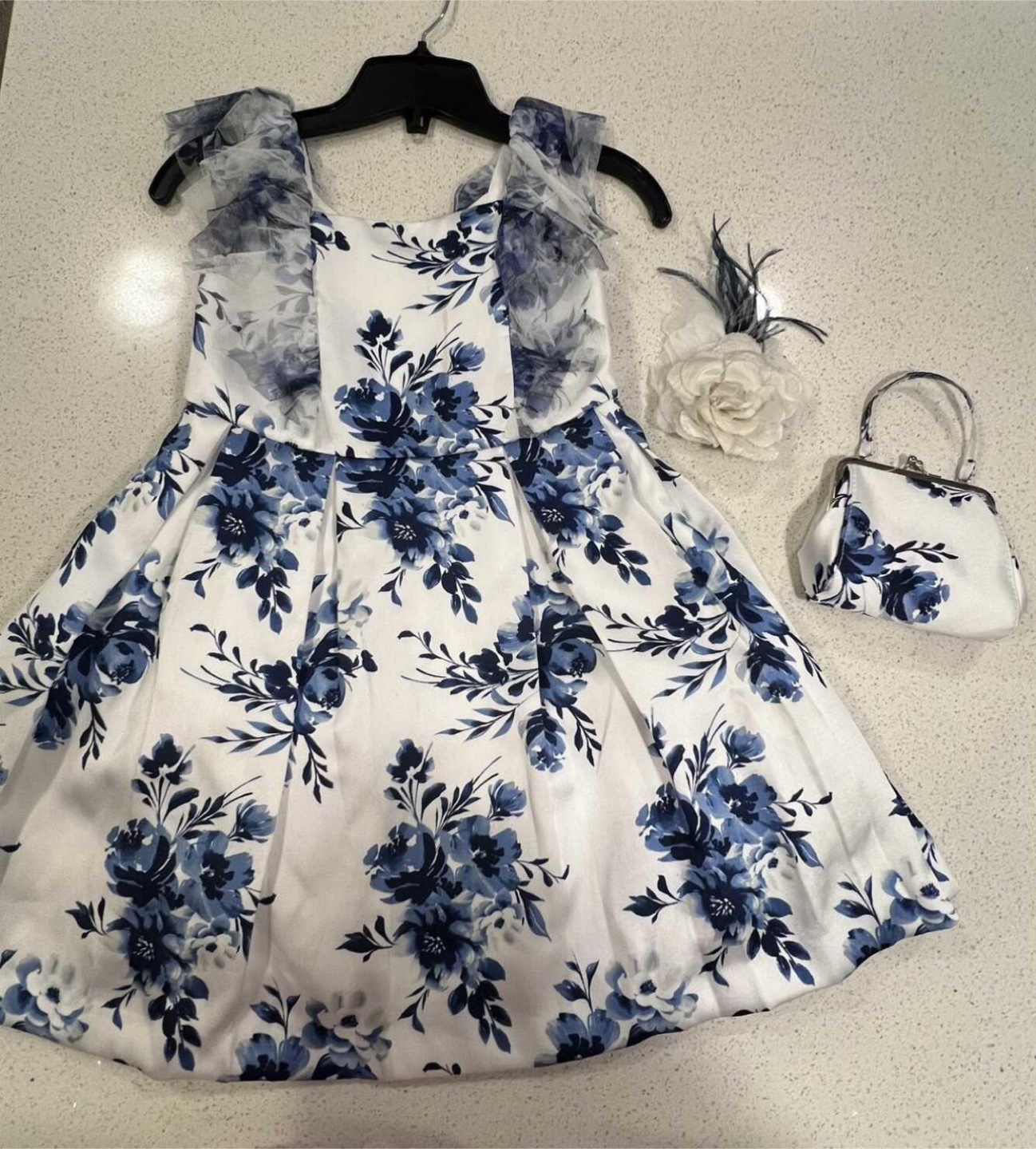 Blue Floral Dress, Purse, and Hair Clip Set. Fits 6-8 yo