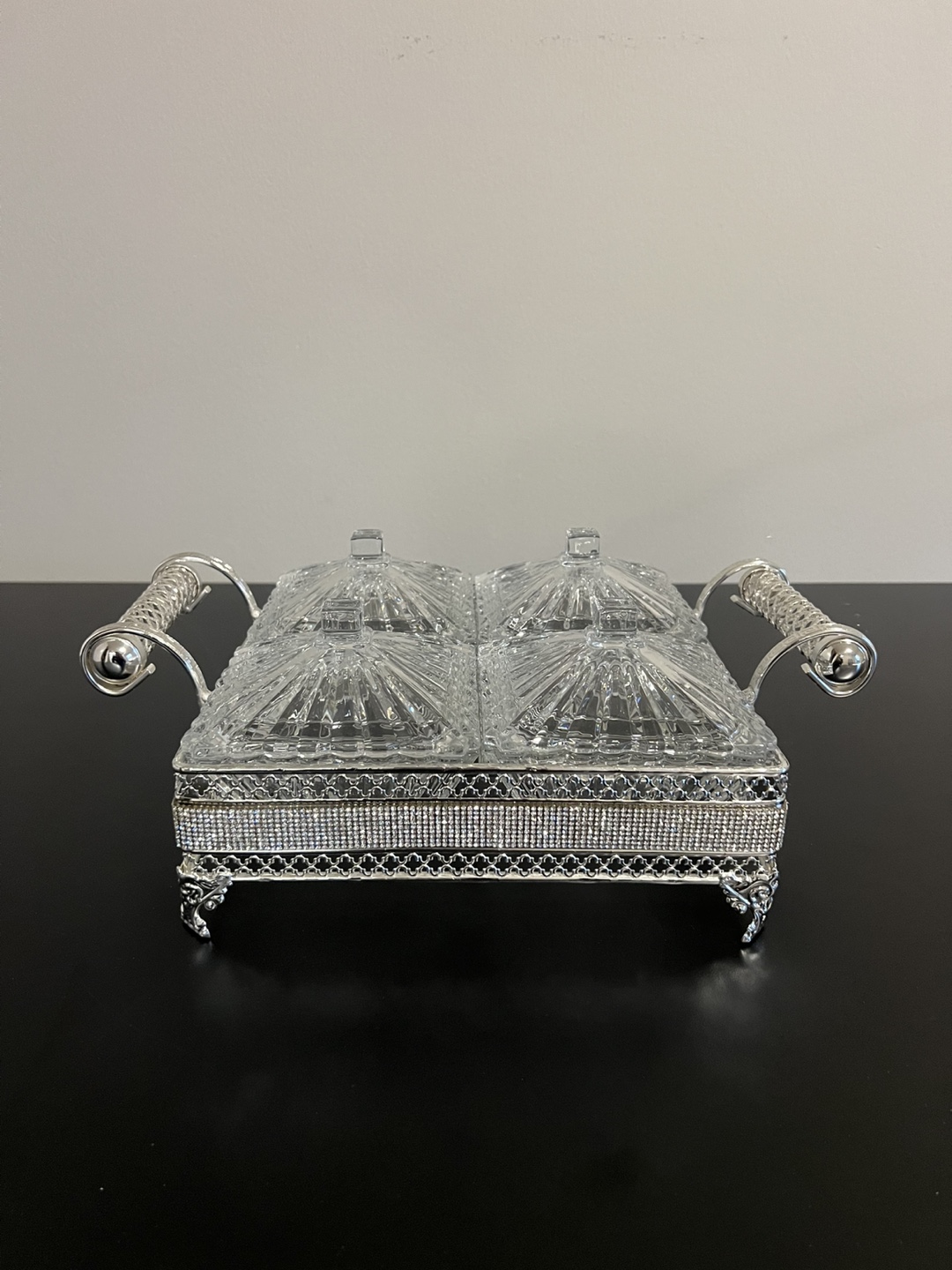 Four-compartment crystal candy dish with silver-tone stand