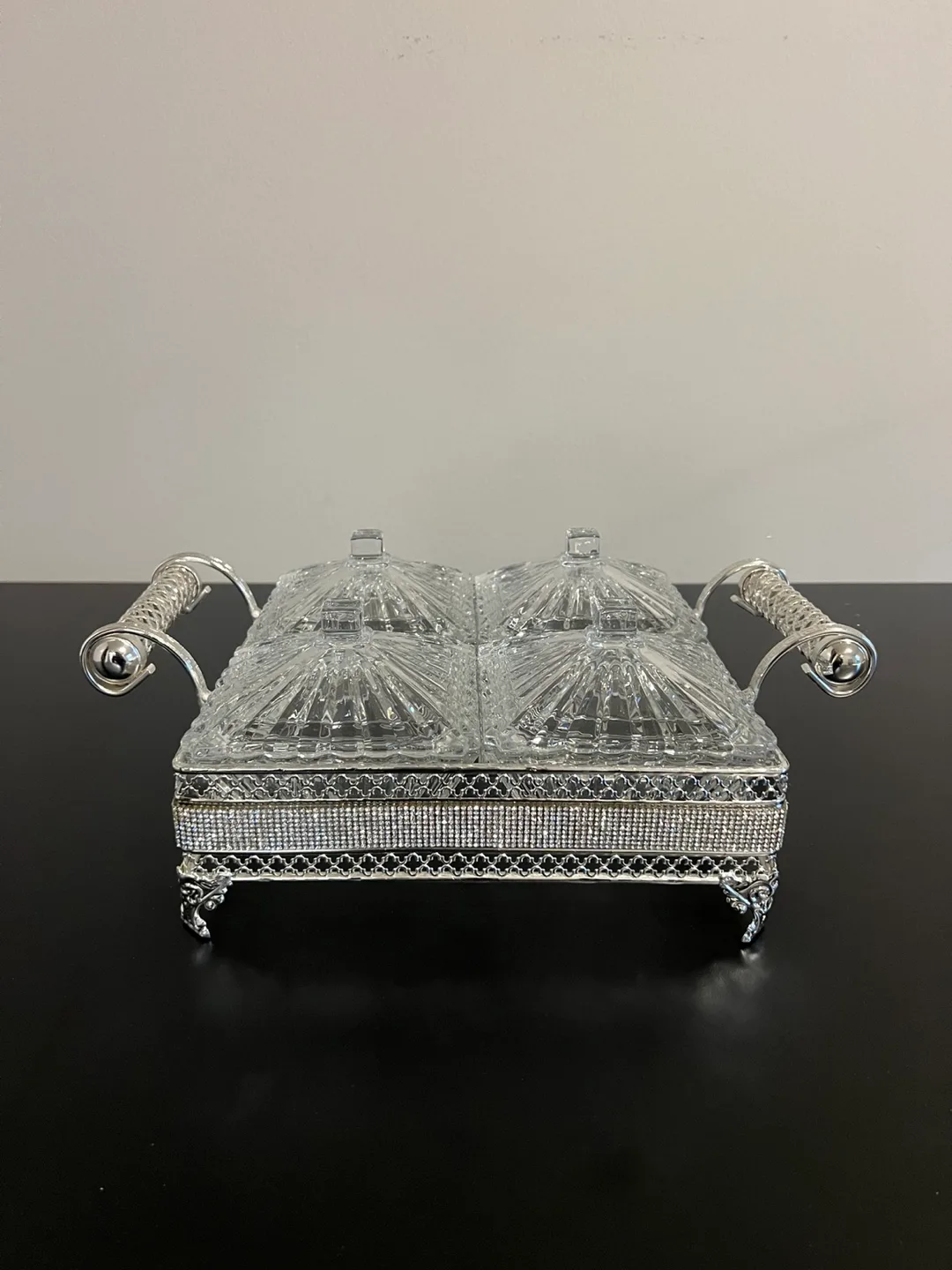 Four-compartment crystal candy dish with silver-tone stand thumbnail